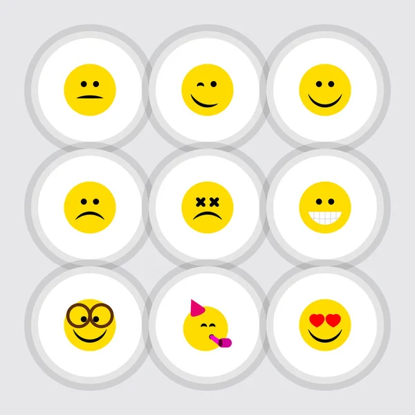 Plochá ikonu výraz sada radosti, nespokojen, smutný a ostatní vektorové objekty. Zahrnuje také prvky Emoji zamračení, úsměv,. — Stockový vektor