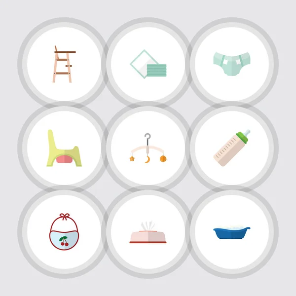 Platte Icon Baby Set van bad, Toilet en luier en andere vectorobjecten. Ook bevat potje, handdoek, Bib elementen. — Stockvector