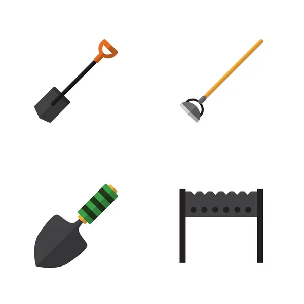 Lapos ikon Dacha készlete, ásó, simítóval, grill és egyéb vektoros objektumokat. Grillező, simítóval, lapát elemeit is tartalmazza. — Stock Vector