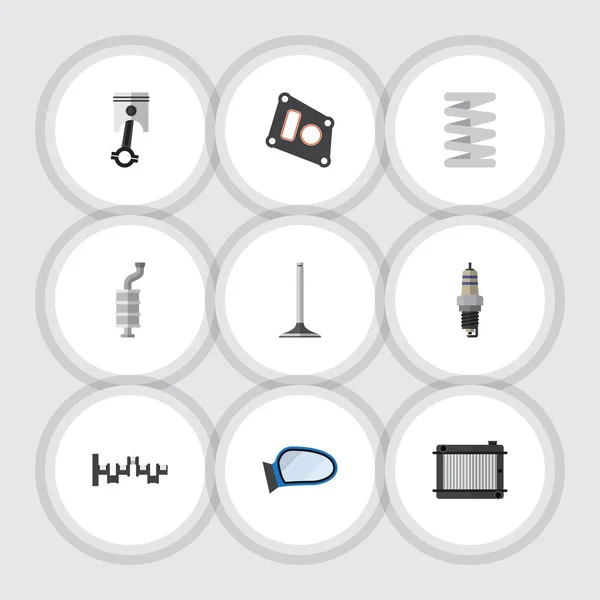 Conjunto de piezas de iconos planos de cigüeñal, calentador, segmento de automóvil y otros objetos vectoriales. También incluye válvula, ala, elementos de embalaje . — Vector de stock