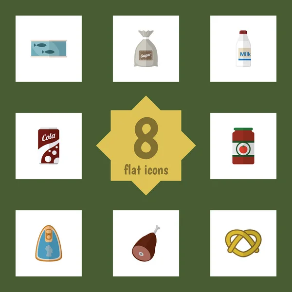 Potraviny ploché ikony sada šumivý nápoj, láhev, maso a jiné vektorové objekty. Také zahrnuje maso, mléko, cukr prvky. — Stockový vektor