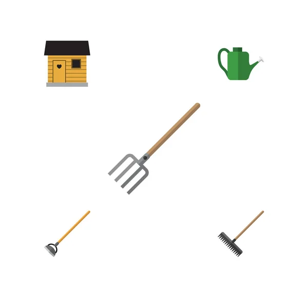 Icono plano Dacha conjunto de tenedor de heno, Bailer, herramienta y otros objetos vectoriales. También incluye grada, rastrillo, elementos de horquilla . — Vector de stock