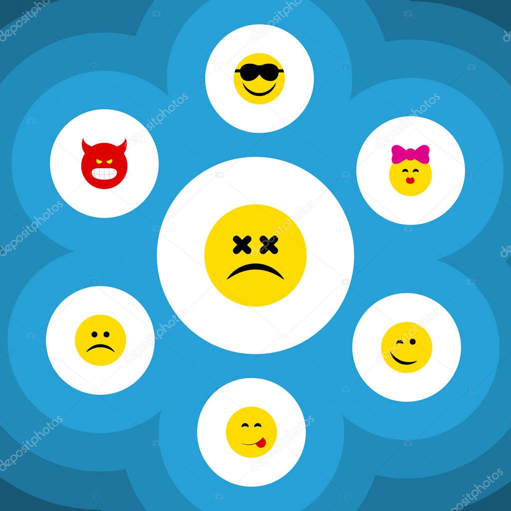 Flat Icon Expression Set Of Happy, Sad, Cross-Eyed Face And Other Vector Objects. Also Includes Emoticon, Sunglasses, Smile Elements.