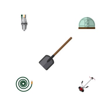 Düz kutsal kişilerin resmi Bahçe çim-kesici, pompa, kürek ve diğer vektör nesneleri kümesi. Ayrıca Spade, hortum, çiftlik unsurları içerir.