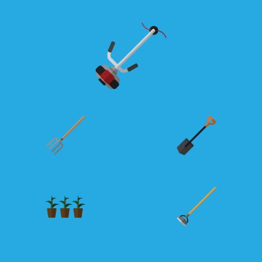 Düz simgesi çiftlik küme saman çatal, aracı, saksı ve diğer vektör nesneleri. Ayrıca botanik, çim, dirgen unsurları içerir.