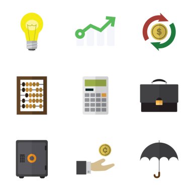 Düz simgesi gelen büyüme, Counter, kasa ve diğer vektör nesneleri kümesi. Ayrıca ışık, Portföy, ok öğeleri içerir.