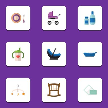Düz simge çocuk küvet, Bebek karyolası, şişe ve diğer vektör nesneleri Hemşirelik ayarlayın. Ayrıca beşik, çocuk, karyolası öğeleri içerir.