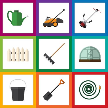 Düz kutsal kişilerin resmi Bahçe sera, Harrow, Hosepipe ve diğer vektör nesneleri kümesi. Ayrıca hortum, komisyon, Hosepipe öğeler içerir.