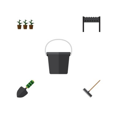 Düz simgesi kulübemde Harrow, mala, saksı ve diğer vektör nesneleri kümesi. Ayrıca mala, Barbekü, kürek unsurları içerir.