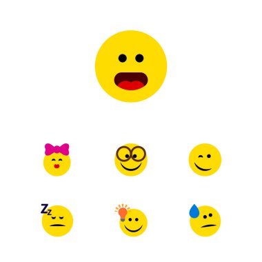 Düz simgesi ifade kümesi hoş, gözyaşları, merak ve diğer vektör nesneleri. Ayrıca ışık, öpücük, yüz öğeleri içerir.