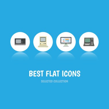 Bilgisayar teknolojisi, Vintage donanım, düz simge bilgisayar kümesi ve diğer vektör nesneleri. Ayrıca ekran, monitör, Vintage öğeler içerir.