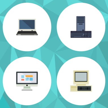 Düz simge bilgisayar kümesi işlemci, ekran, defter ve diğer vektör nesneleri. Ayrıca ekran, işlemci, ekran öğeleri içerir.