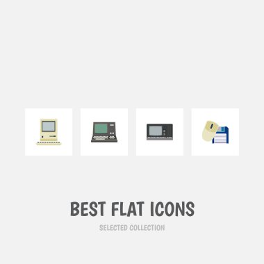 Düz simgesi dizüstü bilgisayar fare, bilgisayar, Vintage donanım ve diğer vektör nesneleri kümesi. Ayrıca fare, bilgisayar, Retro öğeler içerir.