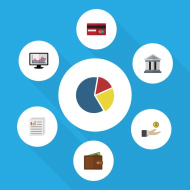 Düz simgesi kazanç kümesi belge, grafik, faturaları ve diğer vektör nesneleri. Ayrıca monitör, el, mimari öğeler içerir.