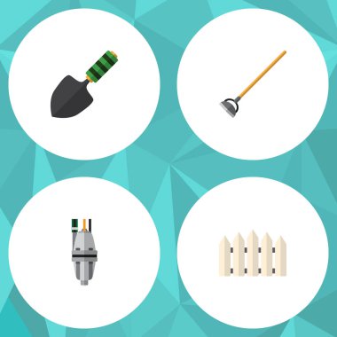 Düz simge çiftlik seti ahşap bariyer, aracı, pompa ve diğer vektör nesneleri. Ayrıca mala, ahşap, ekipman öğeler içerir.