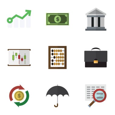 Düz simgesi kazanç dizi portföyü, şemsiye, sayaç ve diğer vektör nesneleri. Ayrıca dolar, Portföy, Doları öğeleri içerir.
