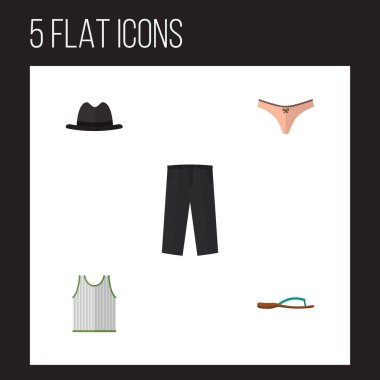 Düz simge kıyafetleri Panama, pantolon, iç çamaşırı ve diğer vektör nesnelerini ayarlayın. Ayrıca Flop, kolsuz, pantolon öğeleri içerir.