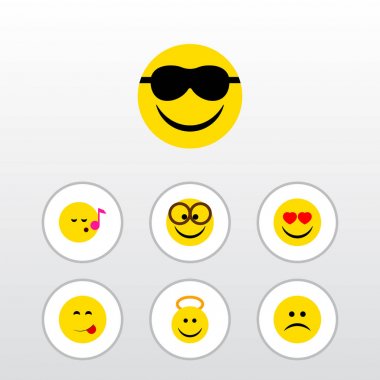 Düz simgesi yüz dizi lezzetli yemek, melek, üzgün ve diğer vektör nesneleri. Ayrıca mutlu, içerir kaşlarını, Emoji öğeleri.