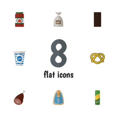 Düz simgesi yemek et, konfeksiyon, yoğurt ve diğer vektör nesnelerini ayarlayın. Ayrıca çikolata, ketçap, makarna öğeleri içerir.