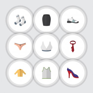 Düz simge kıyafetleri, şık giyim, Banyan, Brasserie ve diğer vektör nesnelerini ayarlayın. Ayrıca ayakkabı, iç çamaşırı, Singlet öğeleri içerir.