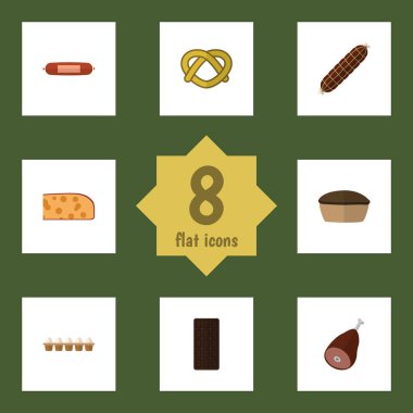 Tanımlama bilgisi, kaşar dilimi, konfeksiyon ve diğer vektör nesnelerini düz simge yemek seti. Ayrıca Kahvaltı, sığır eti, sosis öğeleri içerir.