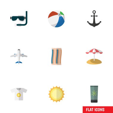 Düz simgesi Beach Sunshine, gemi kanca, şemsiye ve diğer vektör nesneleri kümesi. Ayrıca topu, kanca, yüzücü öğeleri içerir.