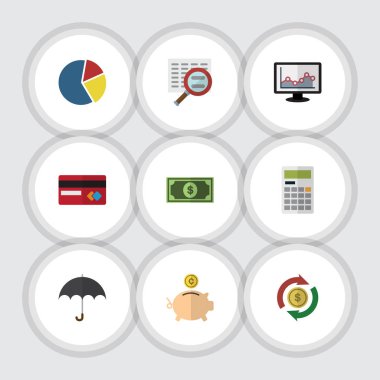 Grafik simge Finans seti düz, hesaplamak, grafik ve diğer vektör nesneleri. Büyüteç'i, ayrıca içerir hesaplamak, monitör öğeleri.