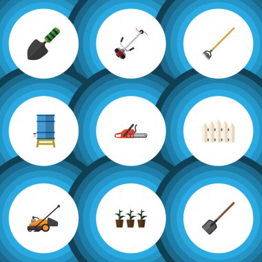 Düz simgesi çiftlik kümesi çim-kesici, demir testeresi, mala ve diğer vektör nesneleri. Ayrıca çapa, bitki, mala unsurları içerir.