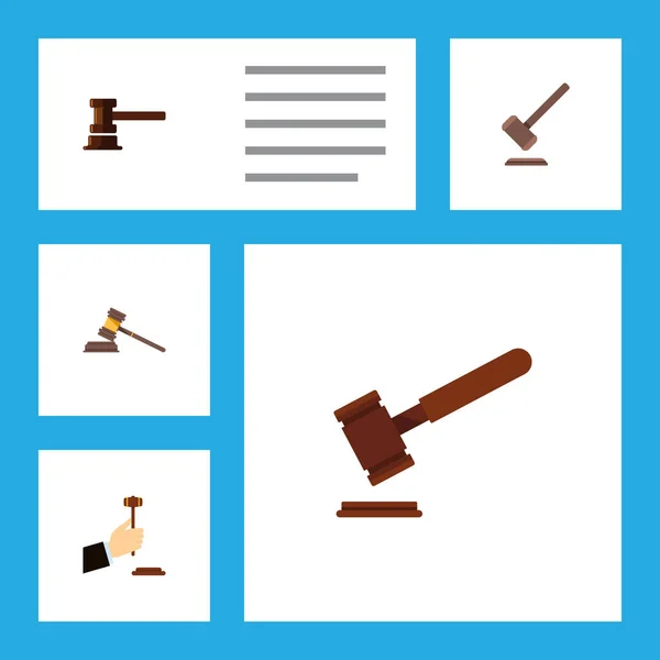 Icono plano martillo conjunto de ley, justicia, edificio del gobierno y otros objetos vectoriales. También incluye Tribunal, Corte, Elementos de Martillo . — Vector de stock