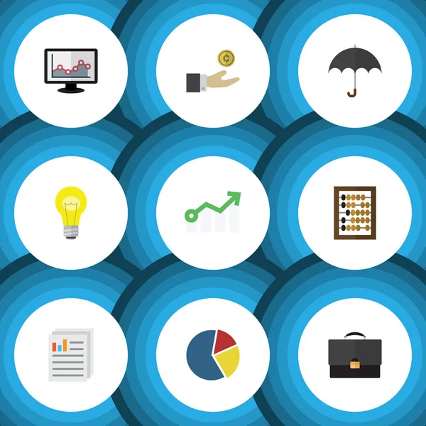 Düz simgesi gelen portföy, grafik, şemsiye ve diğer vektör nesneleri kümesi. Ayrıca sayaç, el, hafif unsurları içerir.