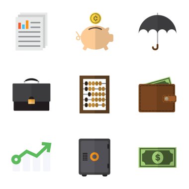 Düz simgesi Finans belge, büyüme, şemsiye ve diğer vektör nesneleri kümesi. Ayrıca belge, şemsiye, Counter öğeleri içerir.
