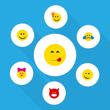 Lezzetli yemek, okşa, surat asmayı düz simgesi yüz kümesi ve diğer vektör nesneleri. Ayrıca fikir, gözyaşları, kızgın öğeleri içerir.