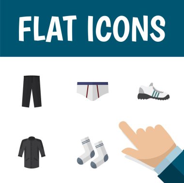 Düz simge giysi seti ayak Tekstil, çamaşır grupları, üniforma ve diğer vektör nesneleri. Ayrıca giyim, iç çamaşırı, külot unsurları içerir.