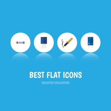 Düz simge teknoloji direnç, transistör, priz ve diğer vektör nesnelerini ayarlayın. Ayrıca alıcı, demir, bakır unsurları içerir.