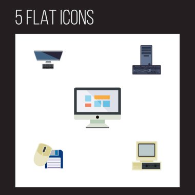 Düz simge bilgisayar kümesi Pc, bilgisayar, bilgisayar fare ve diğer vektör nesneleri. Ayrıca ekran, monitör, ekran öğeleri içerir.