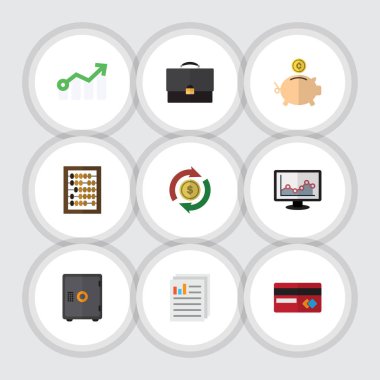 Düz simgesi gelen grafik, ödeme, değişim ve diğer vektör nesneleri kümesi. Ayrıca kart, Portföy, grafik öğeleri içerir.