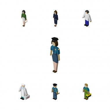 Doktor, memur, tesisatçı ve diğer vektör nesneleri izometrik insan kümesi. Ayrıca adam, işçi, hastane unsurları içerir.