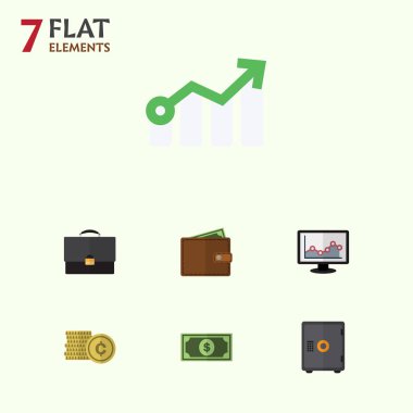 Düz simgesi gelen portföy, dolar, cüzdanınızdan ve diğer vektör nesneleri kümesi. Ayrıca evrak çantası, büyüme, güvenli öğeler içerir.