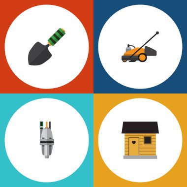 Pompa, çim biçme makinesi, mala ve diğer vektör nesnelerini düz simge çiftlik seti. Ayrıca Stabling, mala, Spatula öğeleri içerir.