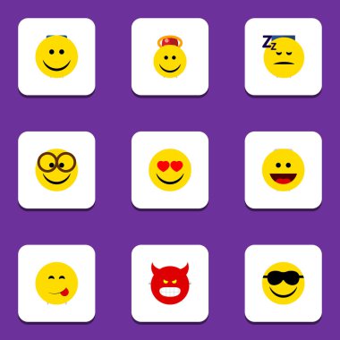 Düz simgesi Emoji keyifli, mutlu, somurtarak ve diğer vektör nesneleri kümesi. Ayrıca güneş gözlüğü, uyku, lezzetli öğeleri içerir.