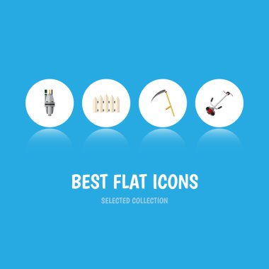 Düz simgesi kulübemde kümesi çim-kesici, pompa, ahşap bariyer ve diğer vektör nesneleri. Tırpan, çim, pompa öğeleri de içerir.