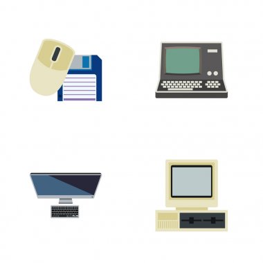 Düz simgesi dizüstü bilgisayar, bilgisayar faresi, Pc ve diğer vektör nesneleri küme. Ayrıca Vintage, bilgisayar, Retro öğeler içerir.
