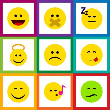 Angel, gülmek, gülümsemek ve diğer vektör nesnelerini düz simge yüz seti. Gülmek, gülüşü, besin öğeleri de içerir.