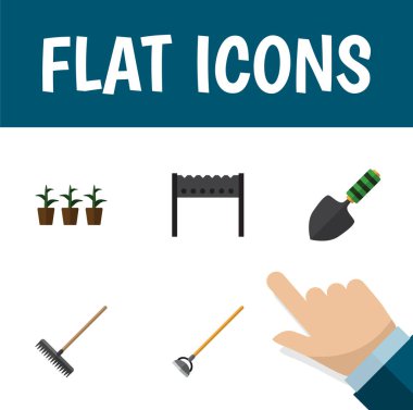 Harrow, saksı, Barbekü ve diğer vektör nesnelerini düz simge çiftlik seti. Ayrıca çapa, Harrow, Bahçe öğeler içerir.