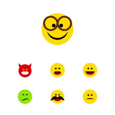 Düz simgesi Emoji kümesi gülmek, memnun, neşeli ve diğer vektör nesneleri. Ayrıca içerir sıktı, kaşlarını, öğeleri merak ediyorum.