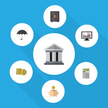 Düz simgesi kazanç kümesi şemsiye, nakit, para Kasası ve diğer vektör nesneleri. Ayrıca hesap makinesi, kutusu, güvenli öğeler içerir.