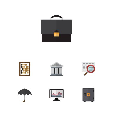 Düz simgesi gelen portföy, banka, sayaç ve diğer vektör nesneleri kümesi. Kasa, banka, arama öğeleri de içerir.