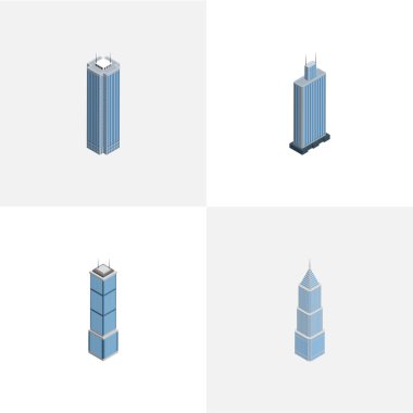 İzometrik İnşaat İş Merkezi, daire, dış ve diğer vektör nesneleri kümesi. Ayrıca bina, iş, dış unsurları içerir.