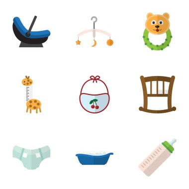 Düz simgesini alt kümesi Besleyici, Bebek karyolası, Rattle ve diğer vektör nesneleri. Ayrıca bebek, yatak, Rattle unsurları içerir.