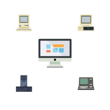 Düz simgesi Laptop işlemci, bilgisayar, ekran ve diğer vektör nesneleri ayarlayın. Ayrıca görüntüleme, Pc, monitör öğeleri içerir.